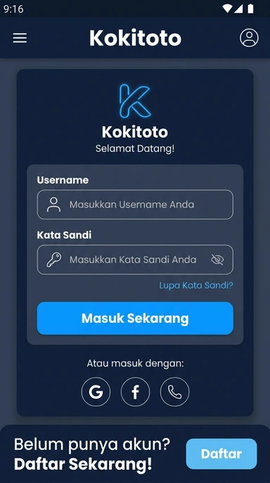 Tampilan halaman login kokitoto